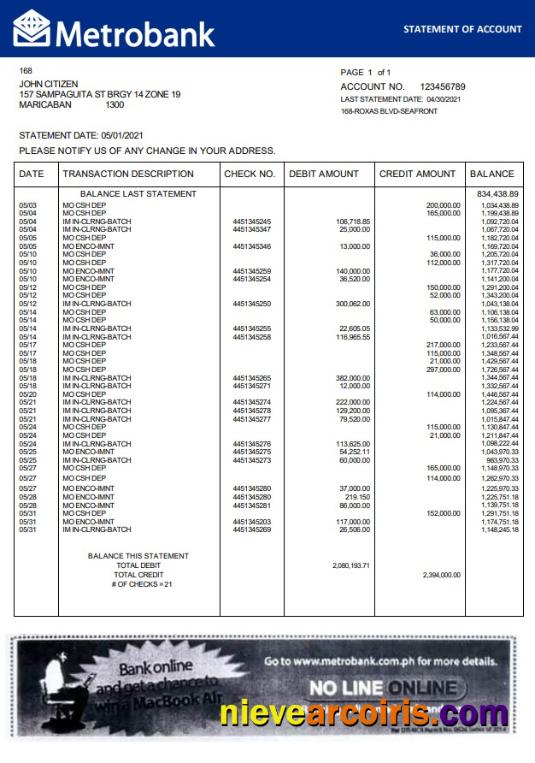 United Kingdom Metrobank bank statement in Word and PDF format